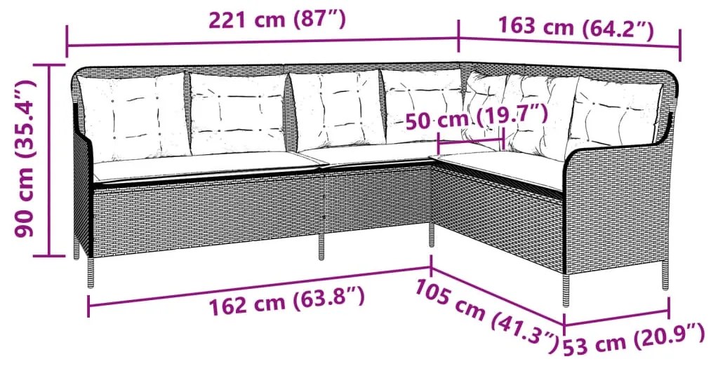 Sofá de jardim em forma de L com almofadões vime PE cinzento