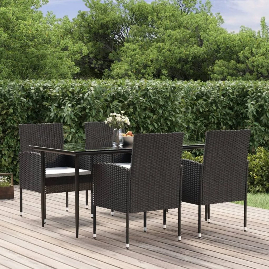 3156778 vidaXL 5 pcs conjunto de jantar p/ jardim c/ almofadões vime PE preto
