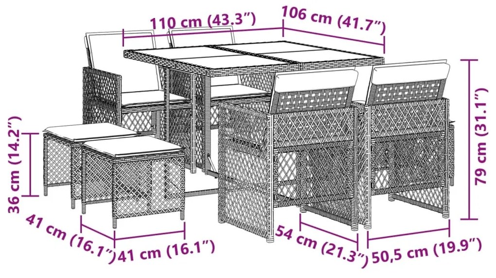 9 pcs conjunto de jantar p/ jardim c/ almofadões vime PE cinza