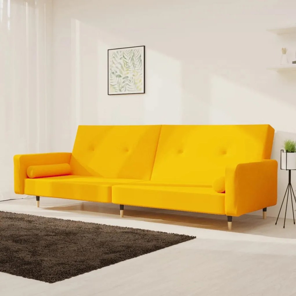 Sofá-cama 2 lugares com duas almofadas veludo amarelo