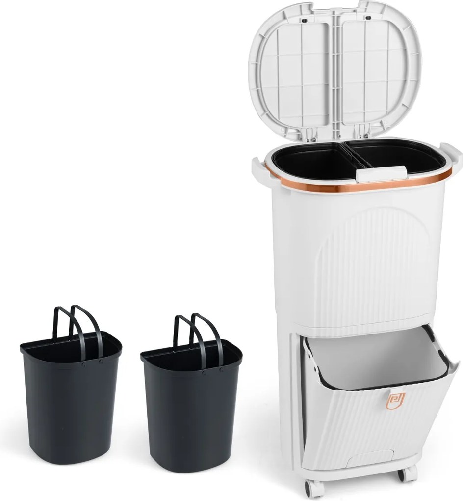 Caixote do lixo de 38 L com duas camadas, 2 caixotes removíveis, pedal e rodas para sala, cozinha e casa de banho, branco