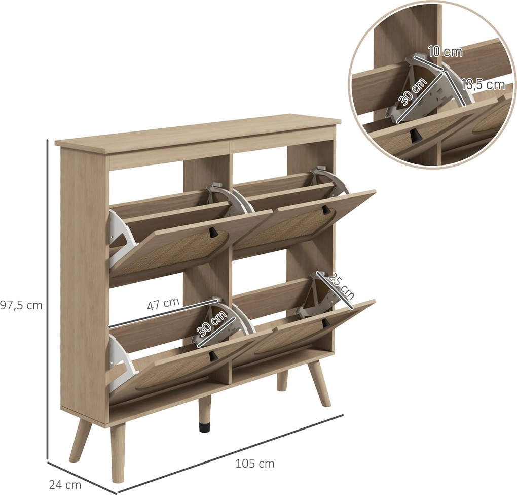 Sapateira com 4 portas basculantes, capacidade para 20 pares, prateleira ajustável, estilo boémio, pés em madeira maciça, 105 x 24 x 97,5 cm, acabamen