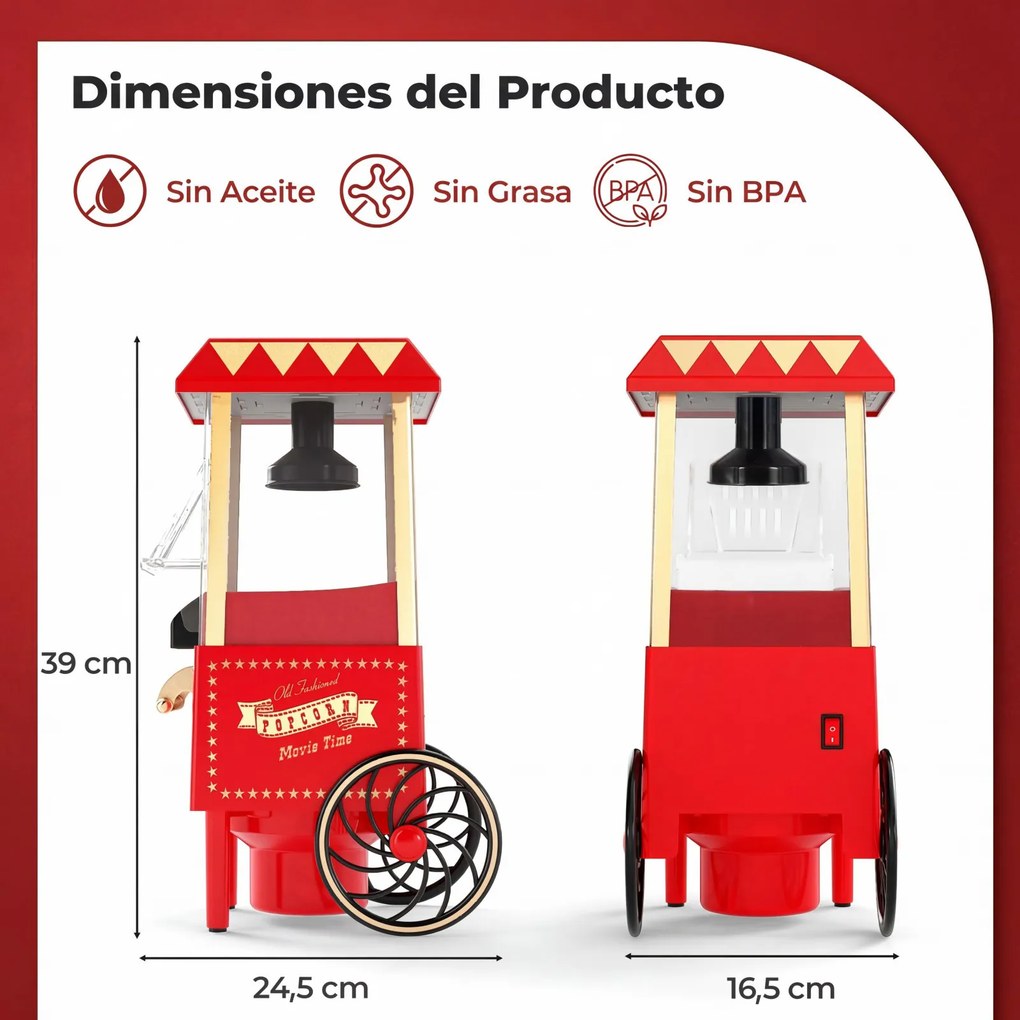 Máquina de Pipocas Elétrica, 24,5 x 16,5 x 39 cm, com Ar Quente sem Óleo, Vermelho