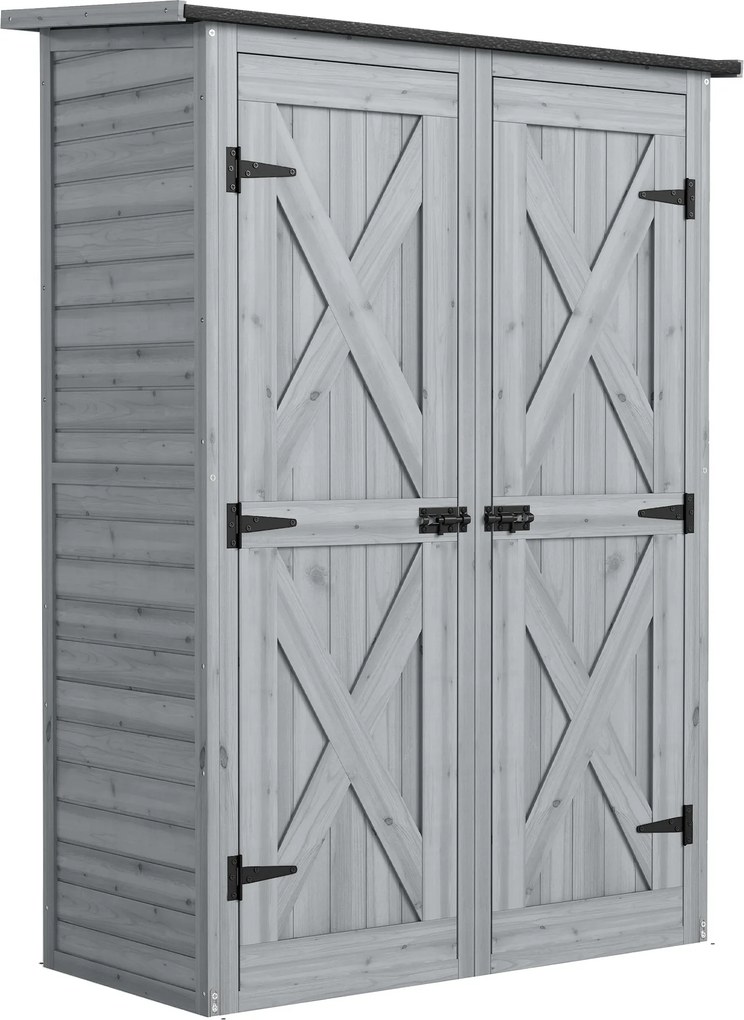 Abrigo de Jardim de Madeira 115x53x156 cm Armário Exterior para Ferramentas com Portas Duplas Cinza