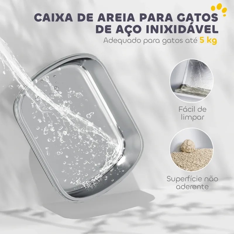 Caixa de Areia para Gatos em Aço Inoxidável L com Tampa Rebatível Pá Metálica Saco Desodorizante Fácil de Limpar Branco