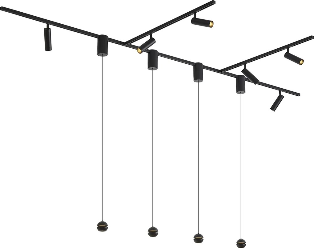 Sistema de calhas de iluminação moderno preto com 6 focos e 4 candeeiros suspensos Easylift monofásico - Slimline Uzzy Tira