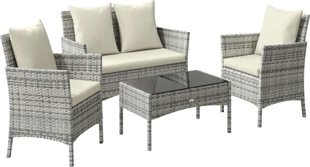 Outsunny Conjunto Sala de Jardim 4 Peças em Rattan com Sofá de 2 Lugares, 2 Cadeiras, Mesa de Centro, Cinza | Aosom Portugal