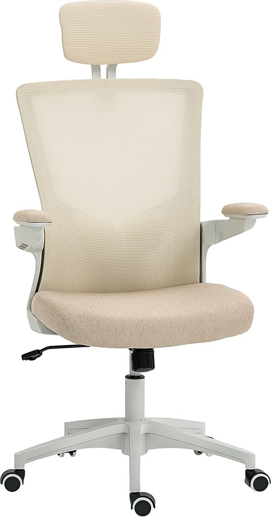 HOMCOM Cadeira de Escritório Ergonômica Poltrona de Escritório Apoios de Braço Rebatíveis Suporte Encosto de Cabeça 60x63x120 cm Bege | Aosom Portugal