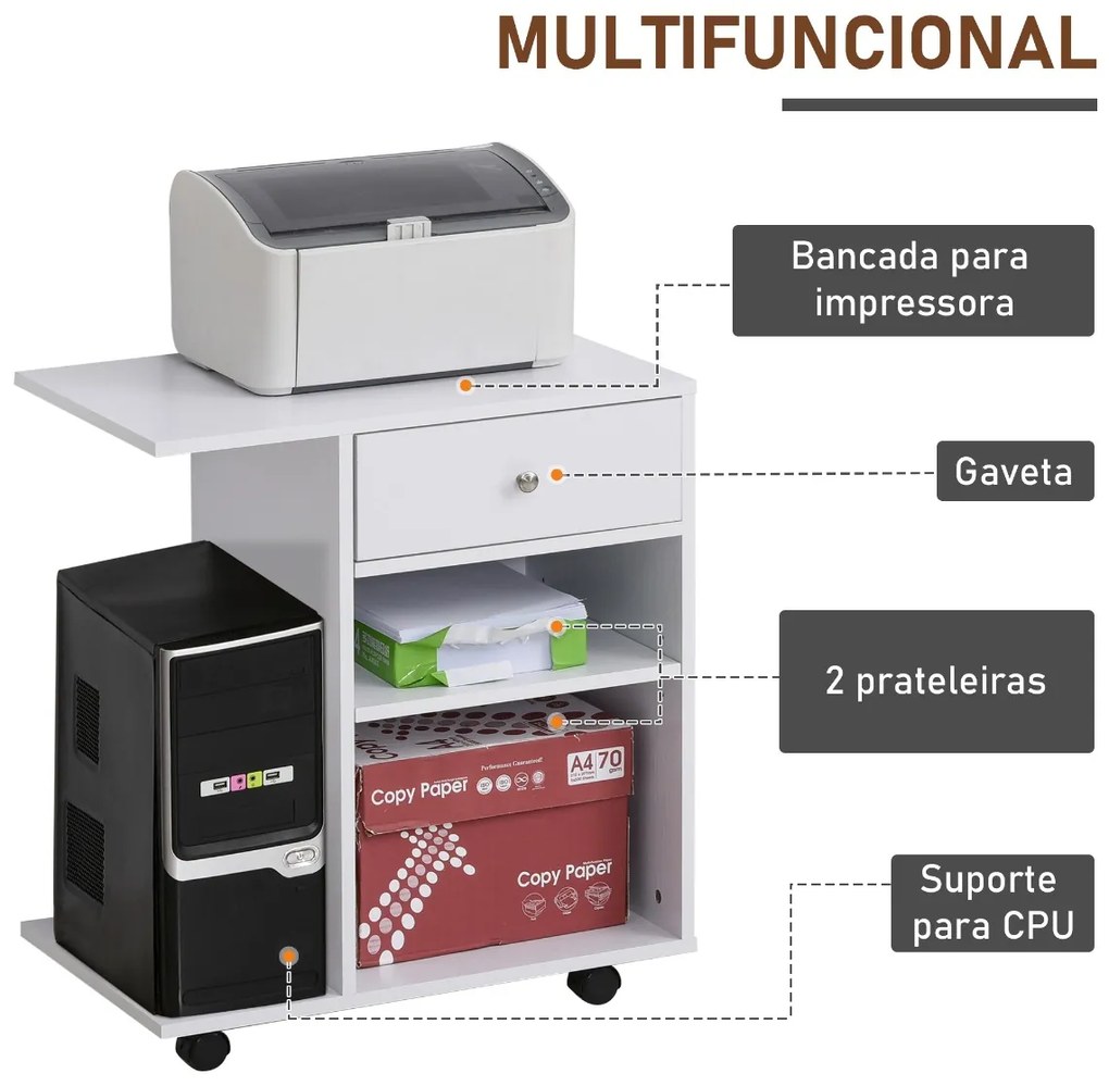 Armário para Impressora de Escritório Multifuncional com Rodas 2 Compartimentos Gaveta Suporte para CPU Prateleira Ajustável para Escritório 60x40x68,