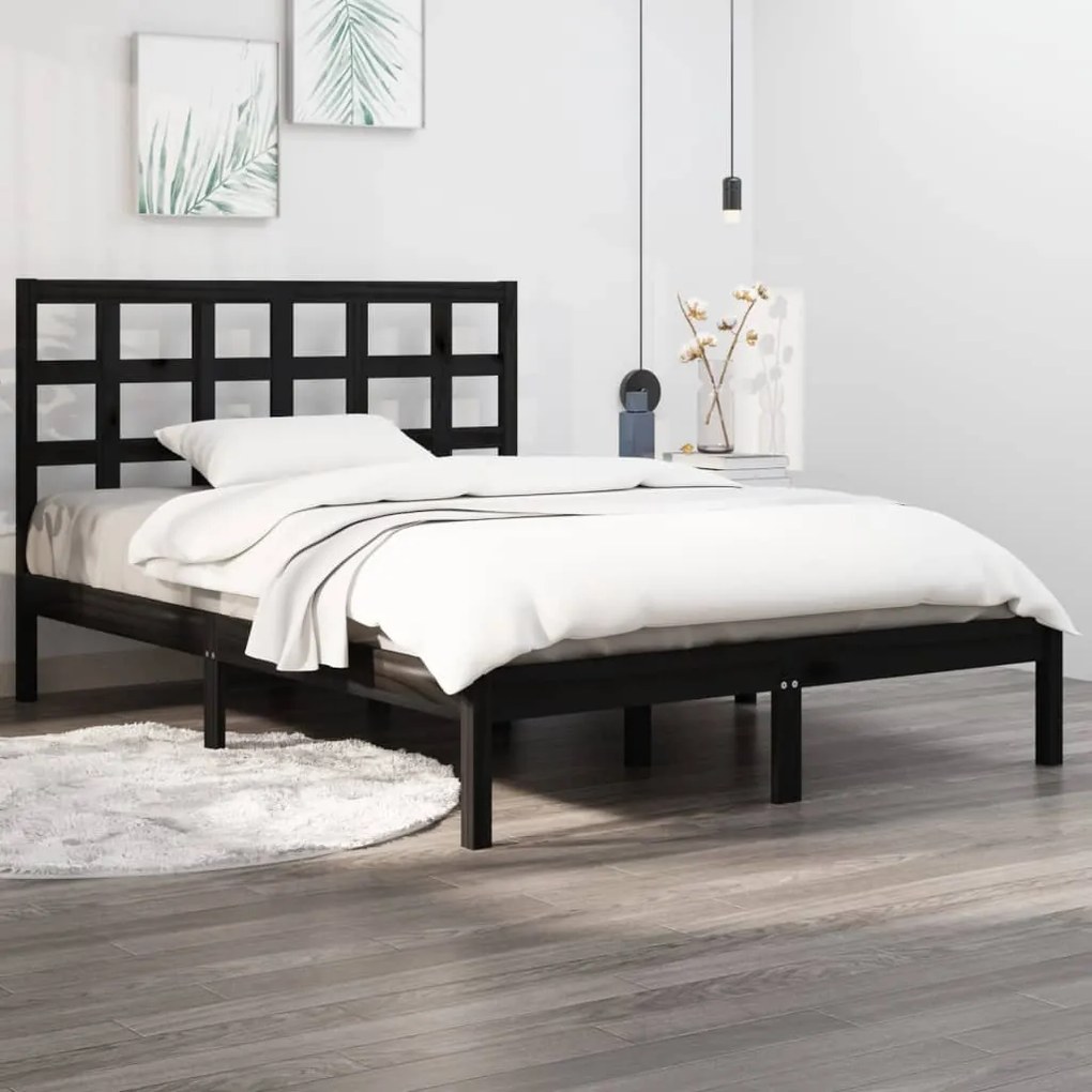 vidaXL Estrutura de cama casal 135x190 cm madeira maciça preto
