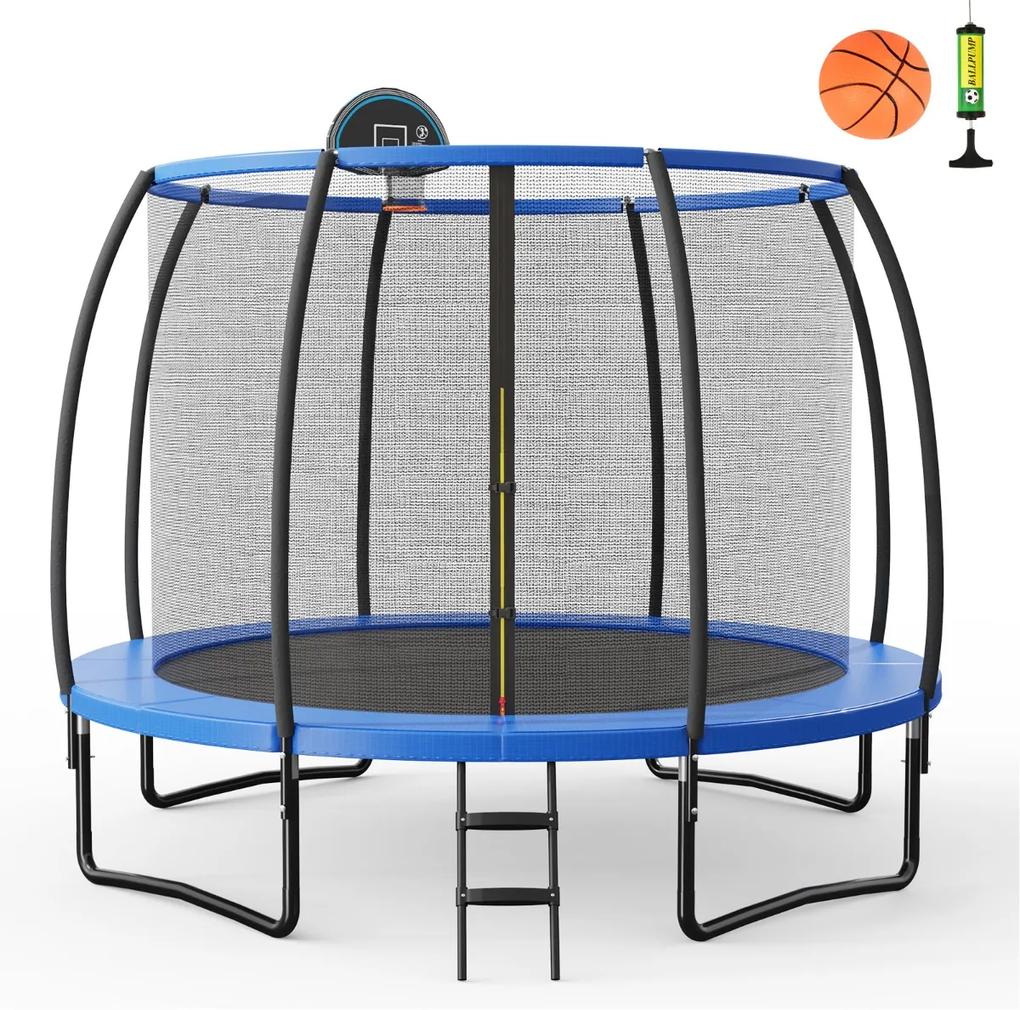 Trampolim para exterior com cesto de basquetebol Almofada de segurança e escada Trampolim para crianças e adultos 3M azul e preto