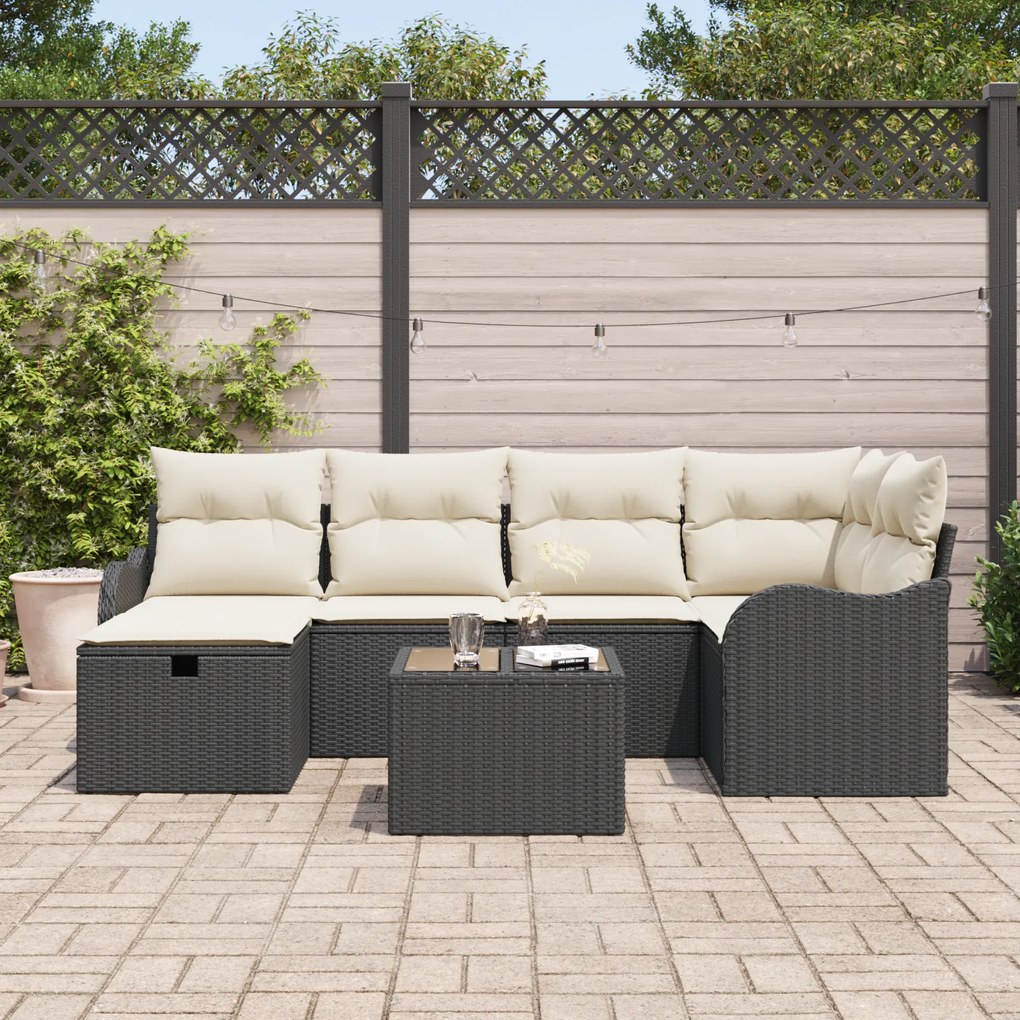 Conjunto de Sofá de Jardim de 7 Peças com Almofadas em Rattan Preto, S