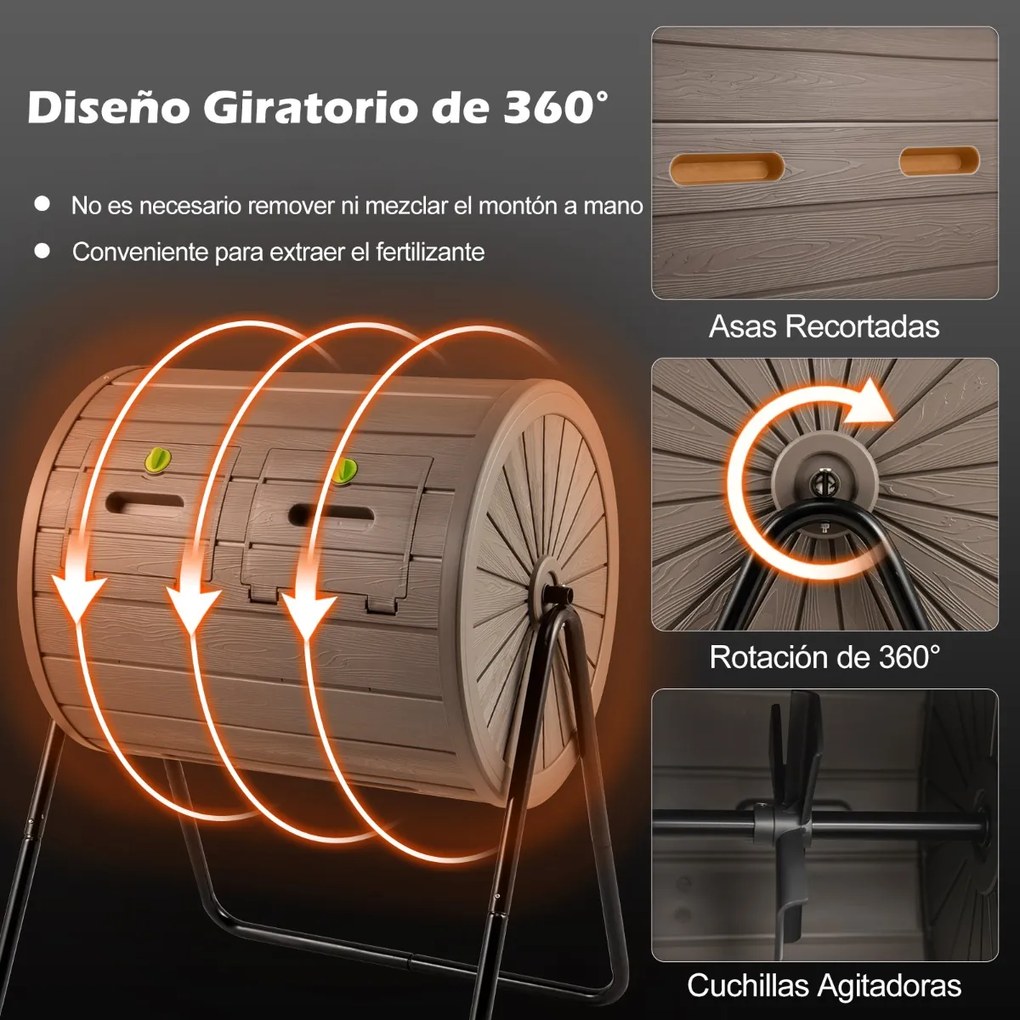 Compostor giratório para jardim com 142 L e câmara dupla, rotação eficiente de 360 graus, cor castanha