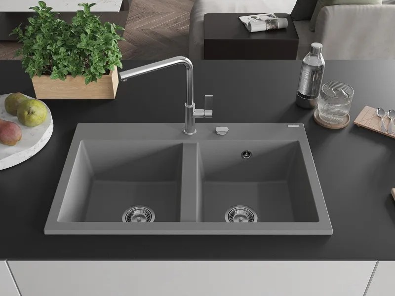 Mexen Hektor lava-loiça de granito com 2 cubas 800 x 480 mm, cinza, sifão cromado - 6521802000-71