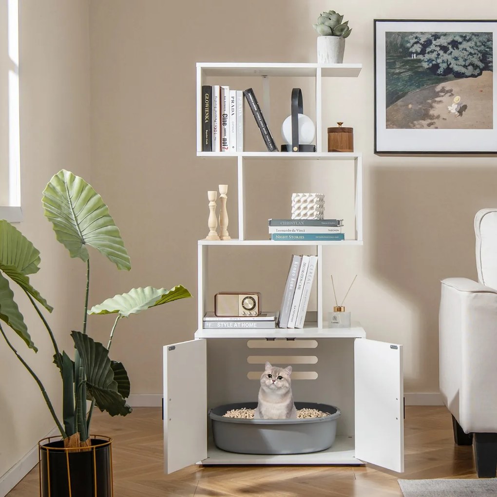 Móvel de caixa areira oculta para gatos com 3 prateleiras abertas, entrada lateral e portas 60 x 45,5 x 142 cm Branco