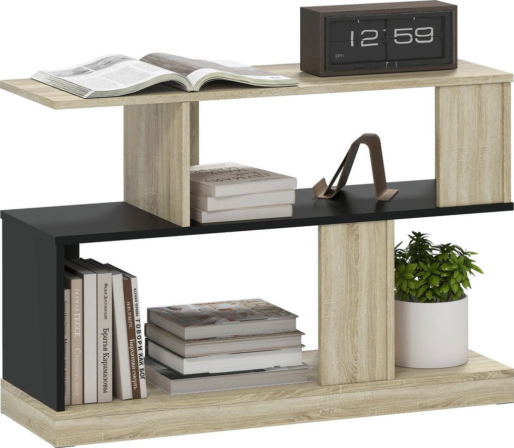 Mesa auxiliar em forma de S, com 3 prateleiras de arrumação, 90 x 30 x 61 cm, efeito de madeira natural preta