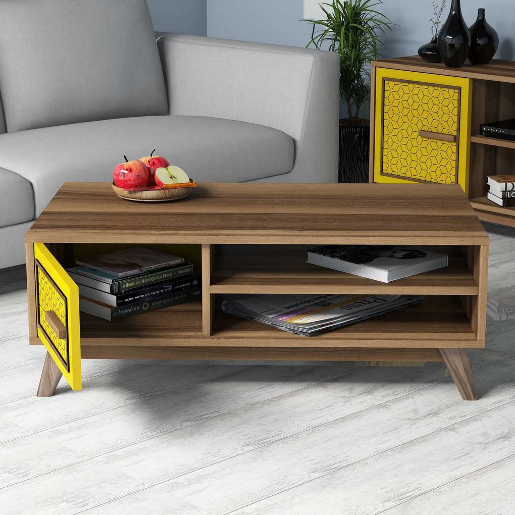 Mesa de Centro Ayla – Nogueira e Amarelo – 105x38,2x60 cm