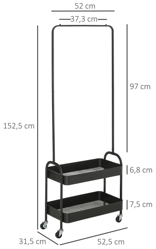 Cabide com Sapateira com Rodas Barra de Pendurar e 2 Cestos para Entrada Dormitório Sala de Estar 56,5x31,5x152,5 com Preto