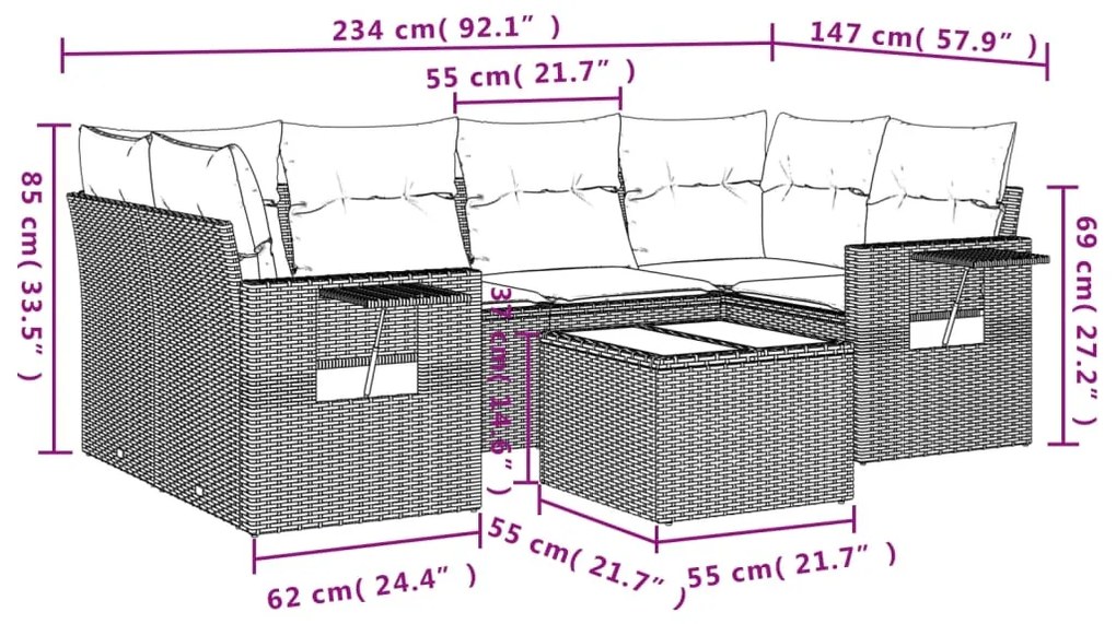 7 pcs conjunto de sofás p/ jardim com almofadões vime PE bege