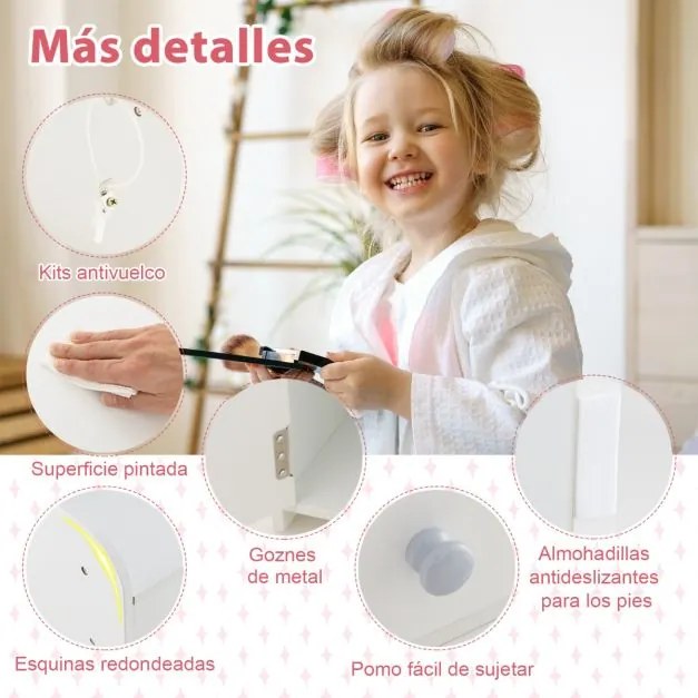 Conjunto de Toucador e Cadeira para Crianças a partir dos 3 anos com Estantes Armário com Gavetas 2 Cores Luzes LED Espelho em Acrílico Blanco