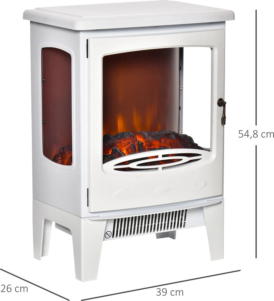 Lareira elétrica com design neo-retro, 900-1800 W, simulação de chamas com LED e luminosidade ajustável, em aço e ABS branco