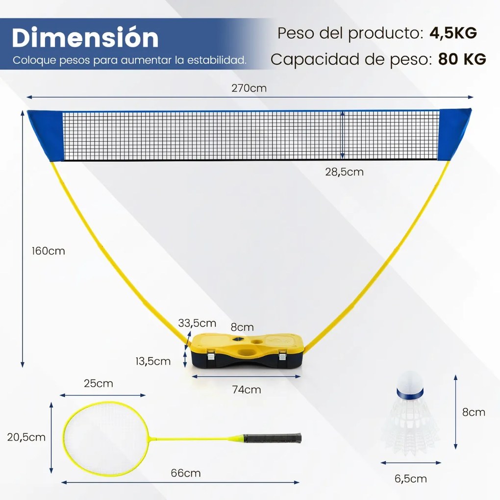 Conjunto de badminton portátil para crianças com 2 penas e 2 raquetes Estrutura em PVC resistente azul, amarelo