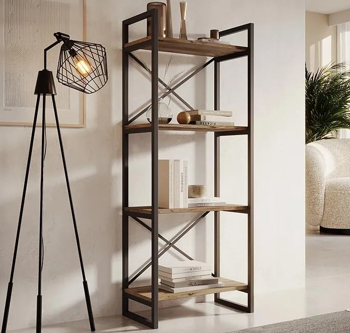 Estante Faro – 55x30x138 cm – Pinho Atlântico e Aço Preto – 4 Pratelei