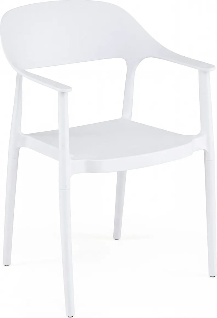 Cadeira de jantar em plástico com encosto curvo, braços e assento amplo; para uso interior e exterior, na sala, terraço ou jardim branca