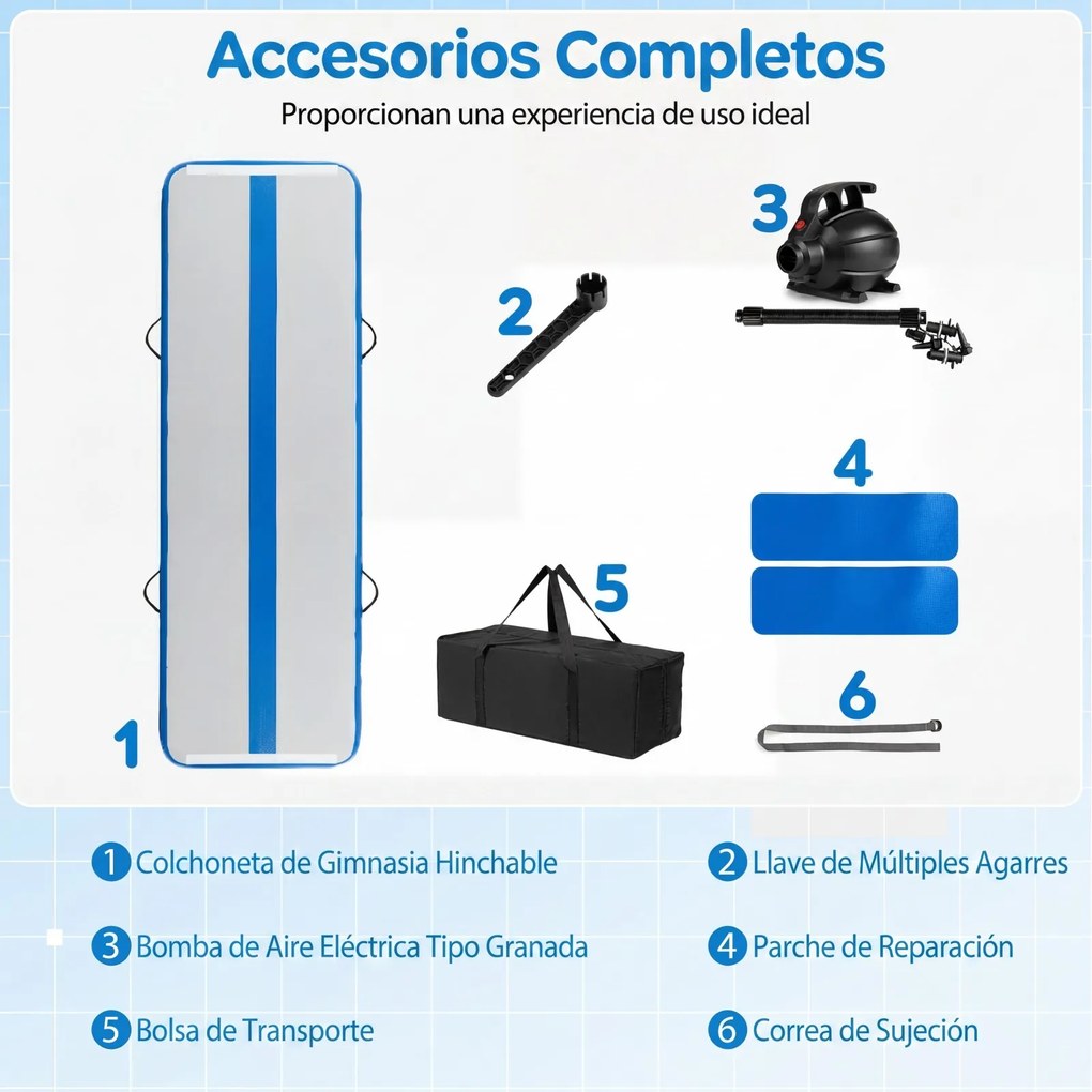 Colchão de ginástica insuflável com bomba elétrica 297 x 98 x 11 cm, saco de transporte e remendo de reparação portátil para fitness e ioga, azul