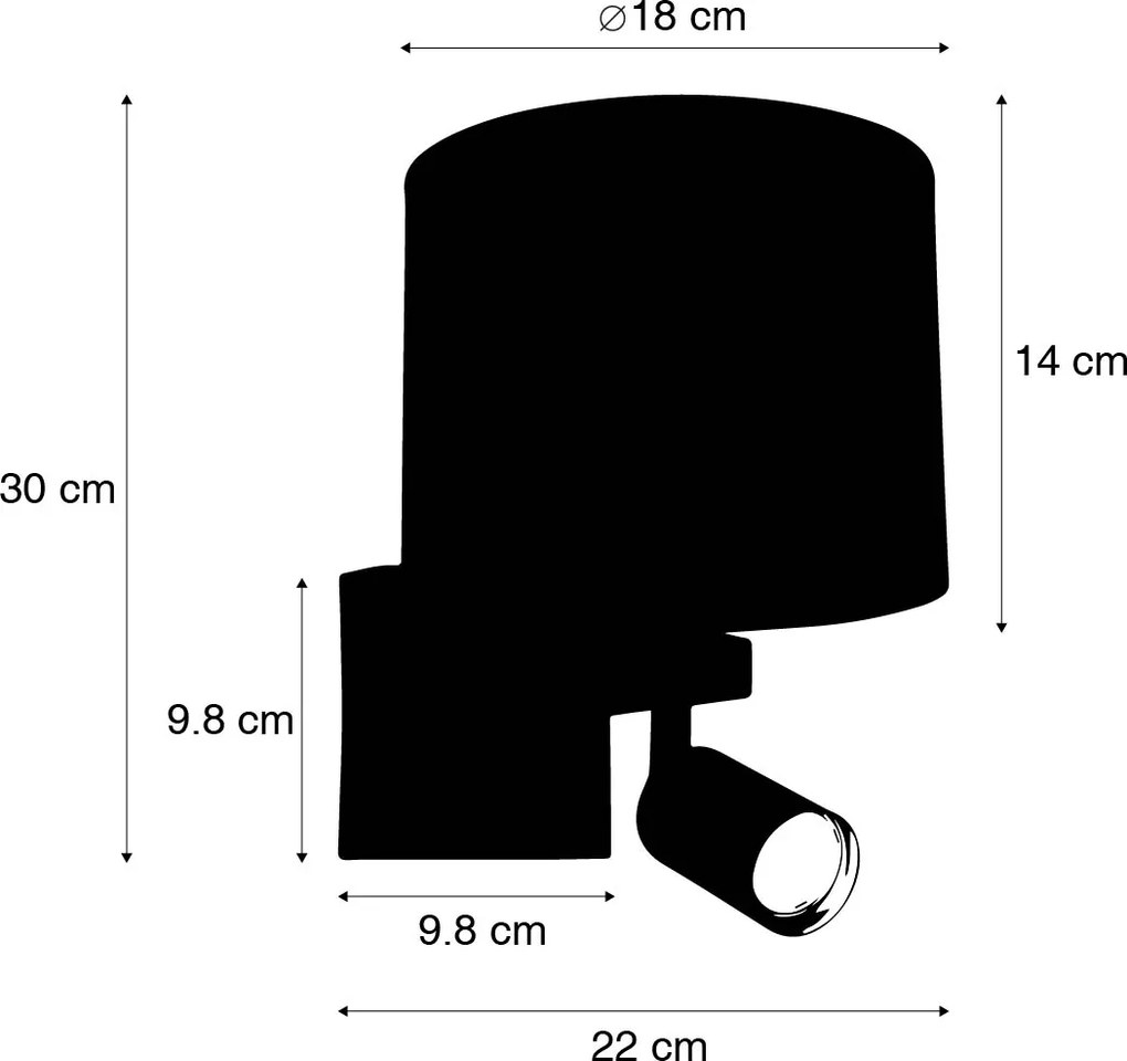 Candeeiro de parede preto com luz de leitura e abajur 18 cm castanho claro - Brescia