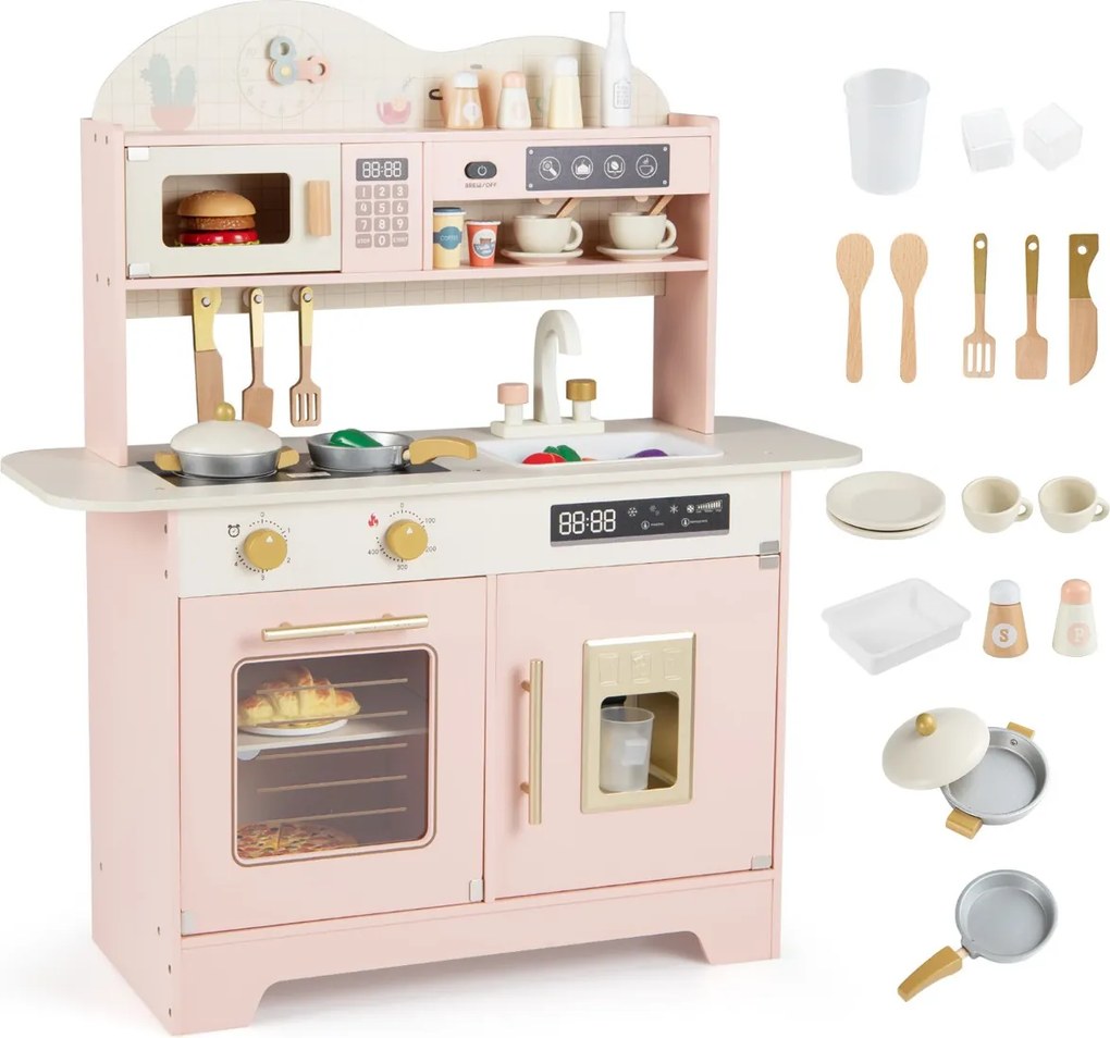 Cozinha brincar infantil de madeira 79,5 x 39,5 x 90,5 cm com 17 acessórios, forno e máquina de gelo, para crianças com mais de 3 anos, cor rosa