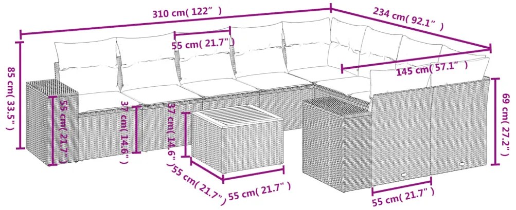 10 pcs conjunto sofás de jardim c/ almofadões vime PE preto