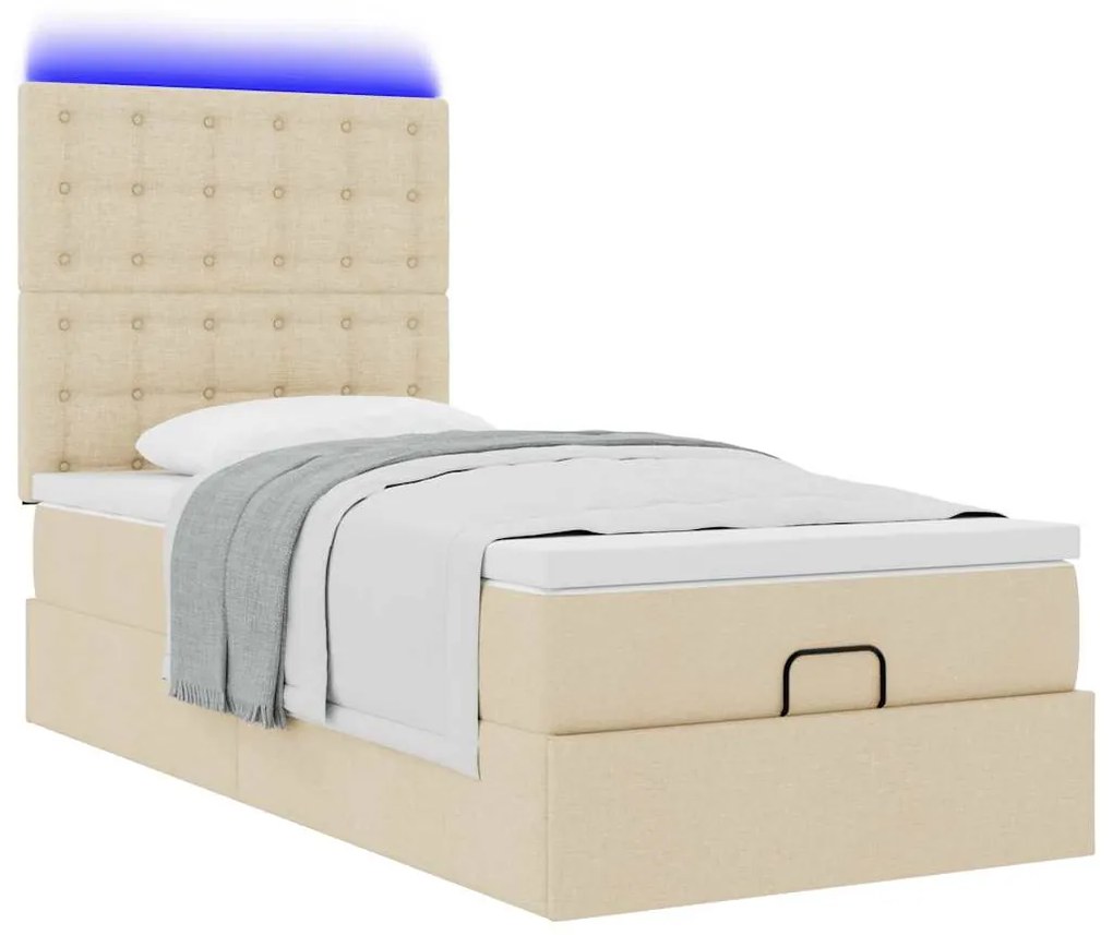 Cama Otomana com colchão &amp; LEDs 90x200 cm tecido creme