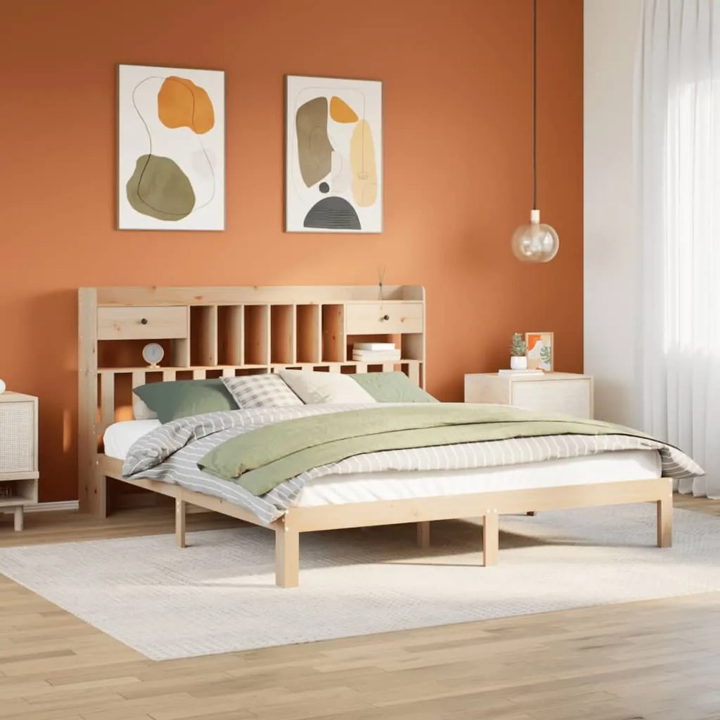 vidaXL Cama com estante sem colchão 200x200 cm pinho maciço
