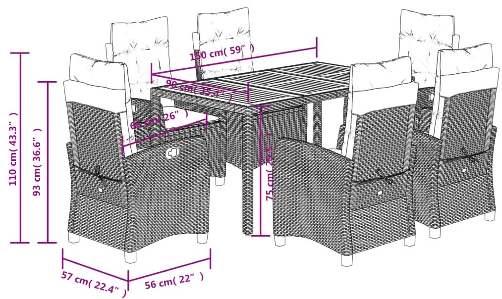 7 pcs conjunto de jantar p/ jardim c/ almofadões vime PE cinza