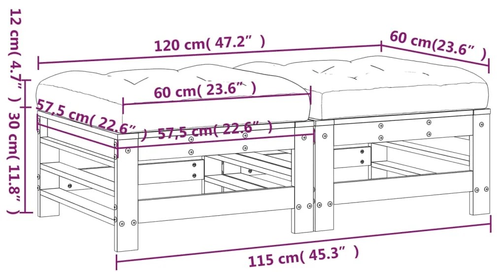 Apoios de pés p/ jardim c/ almofadões 2 pcs pinho maciço cinza