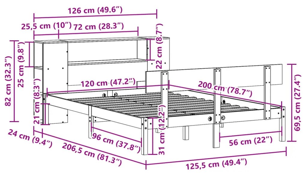 Cama com estante sem colchão 120x200 cm pinho maciço branco