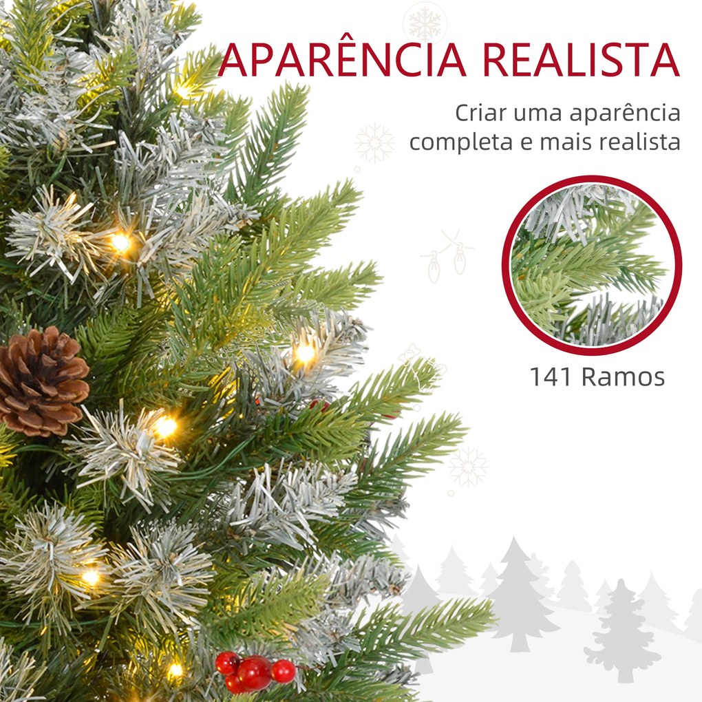 Árvore de Natal de Mesa 60 cm com 20 Luzes LED 141 Ramos 5 Pinhas 5 Bagas Vermelhas e Suporte de Metal para Interior Verde