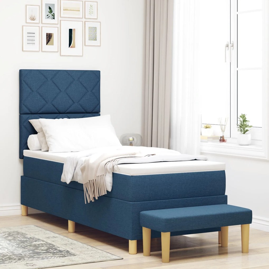 Cama Box Spring com Colchão e Banco Azul 80x200 cm Tecido