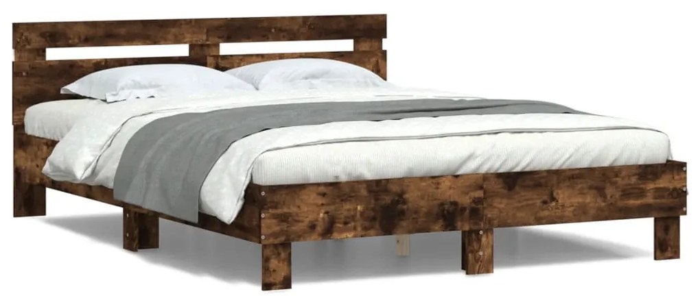 vidaXL Estrutura cama c/ cabeceira/luzes LED 150x200cm carvalho fumado