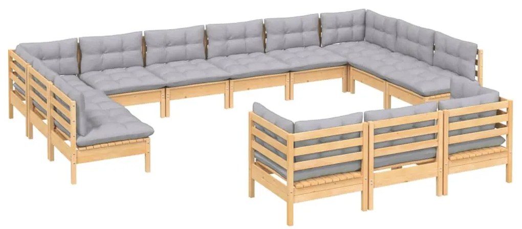 13 pcs conjunto lounge de jardim c/ almofadões cinza pinho