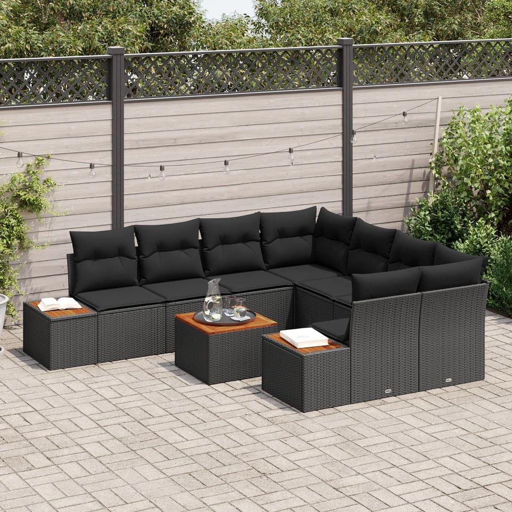 Conjunto de Sofás de Jardim vidaXL com Almofadas Preto Rattan Poliéste