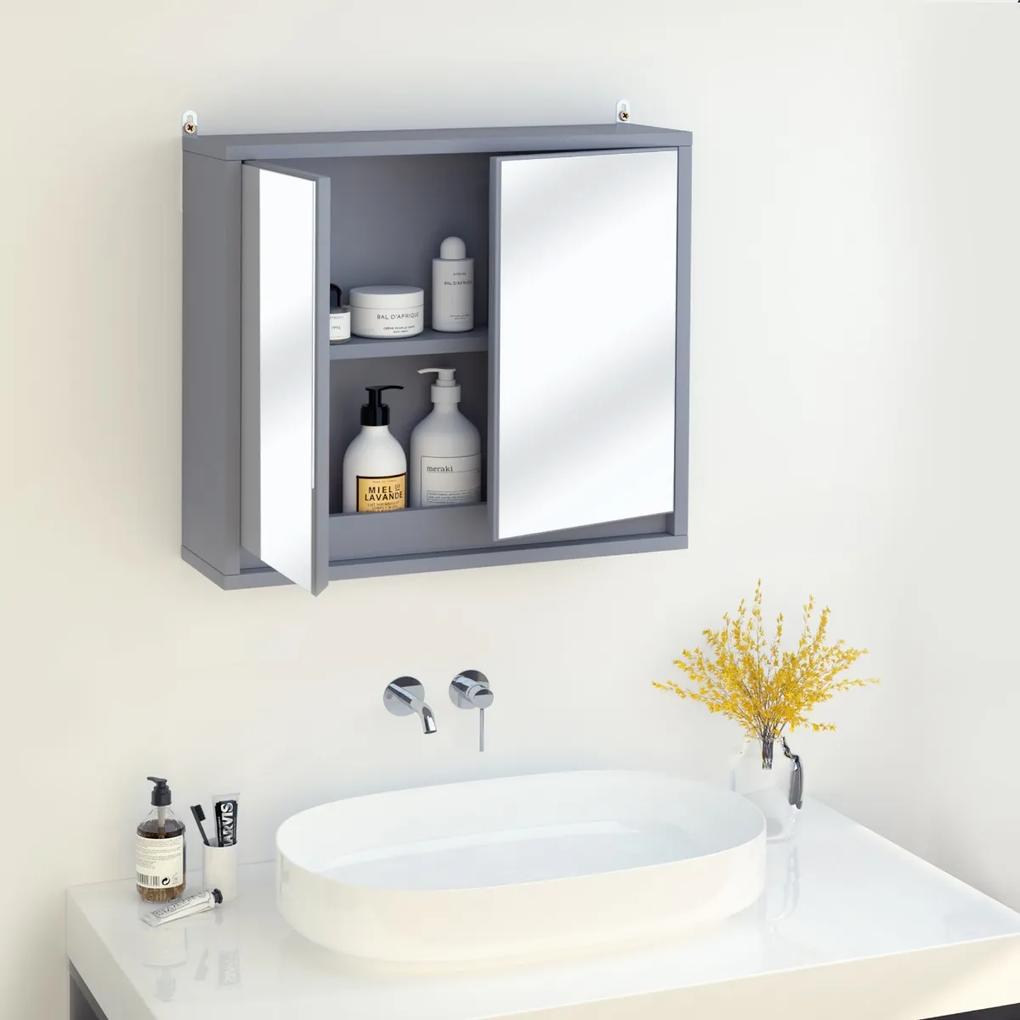 HOMCOM Armário de banheiro com espelho de parede com prateleira ajustável 3 níveis 2 portas Cozinha Armazenamento Medicamentos 48x14,5x45 cm Cinza