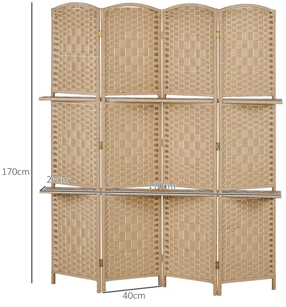 Biombo de 4 Painéis 160x170 cm Separador de Ambientes Dobrável com 2 Prateleiras de Exibição para Escritório Quarto Natural