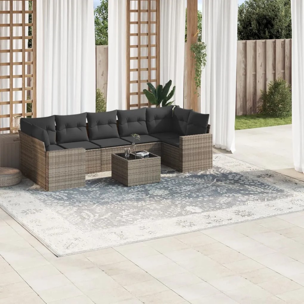 8 pcs conjunto sofás de jardim c/ almofadões vime PE cinzento