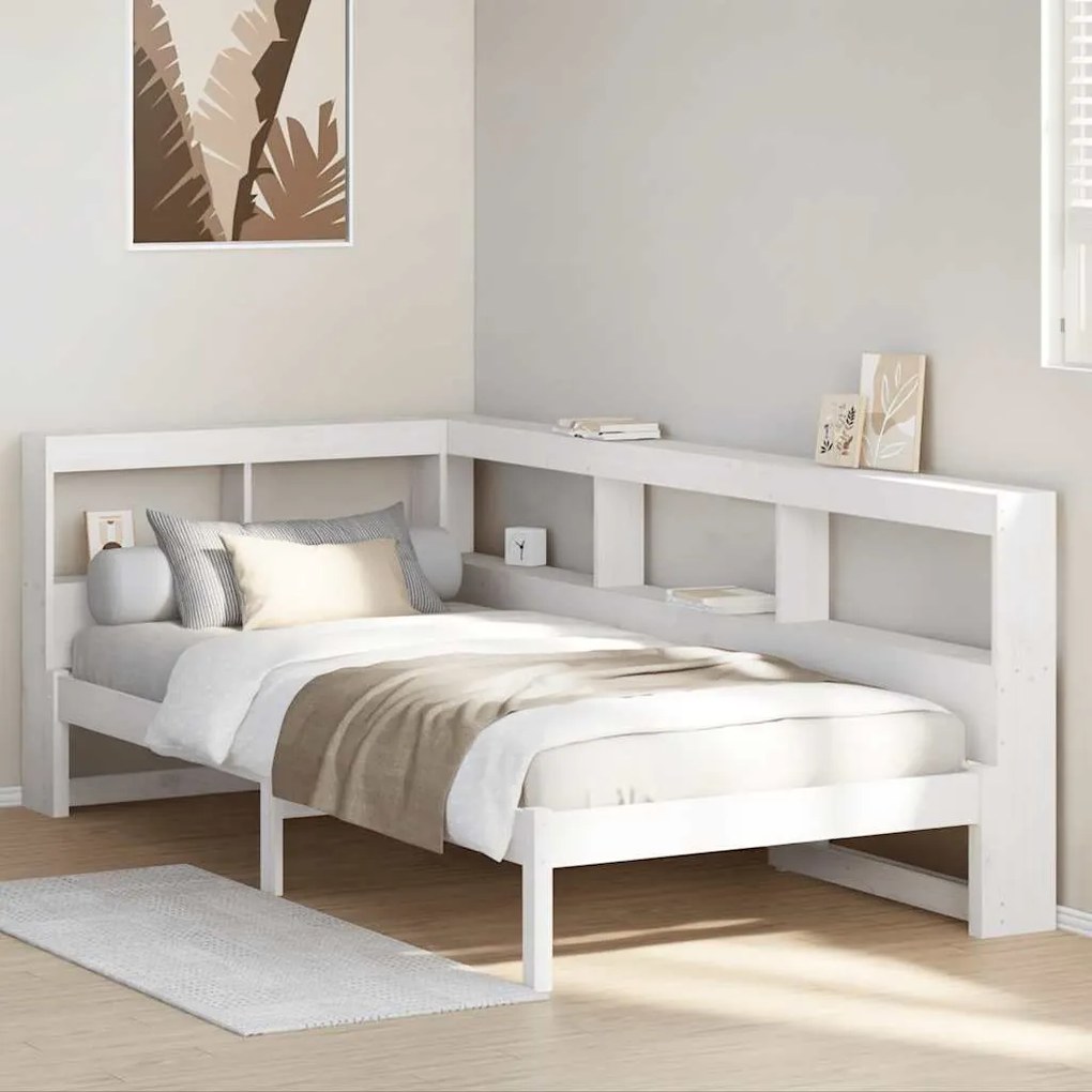 vidaXL Cama com estante sem colchão 100x200 cm pinho maciço branco