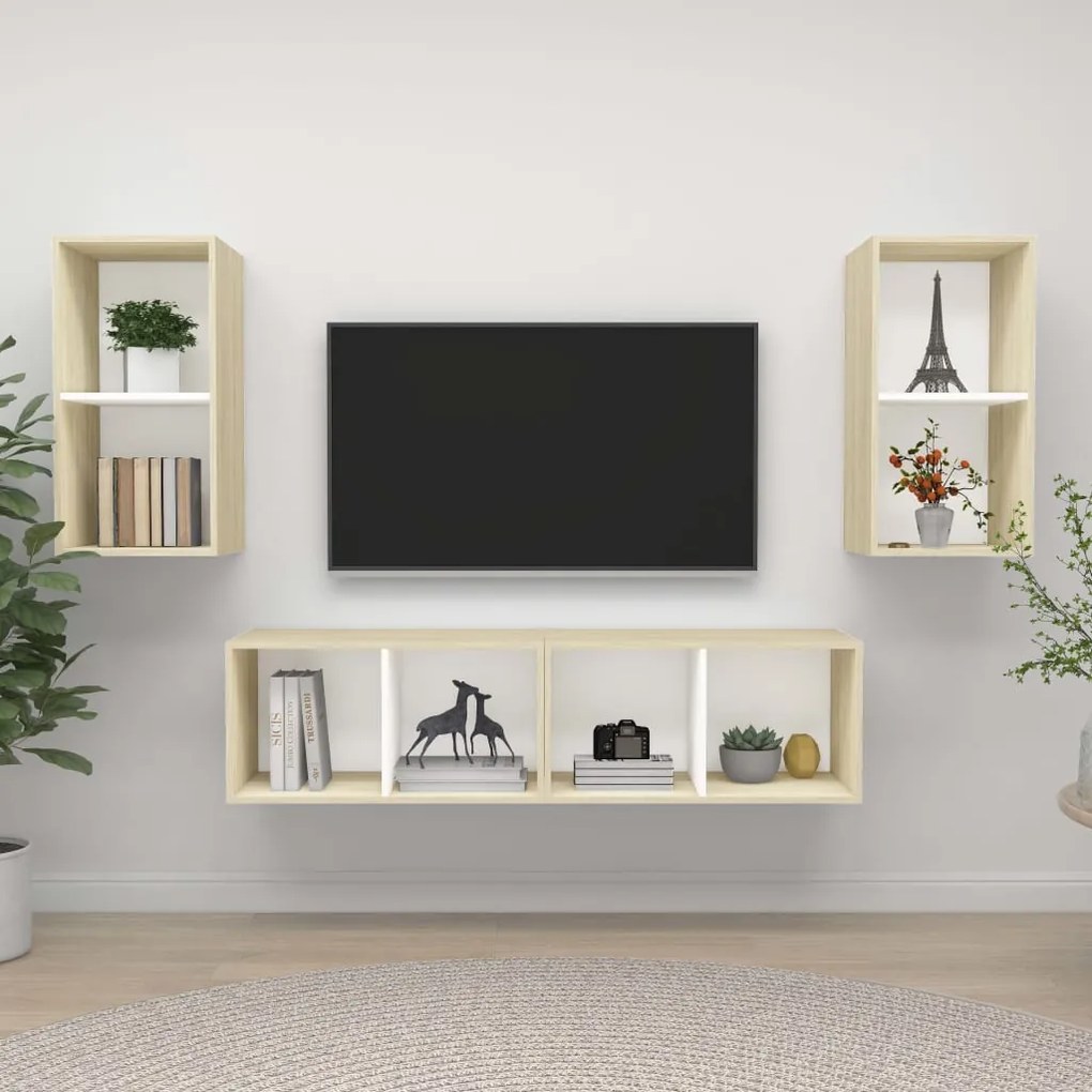 vidaXL Armários de parede p/ TV 4pcs derivados madeira branco/sonoma