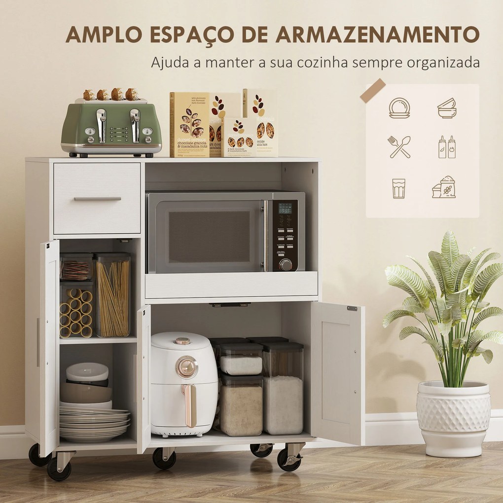 Móvel Auxiliar de Cozinha com Rodas para Microondas com Bandeja Deslizante Gaveta 3 Portas Prateleira Ajustável 80x40x88,7 cm Branco
