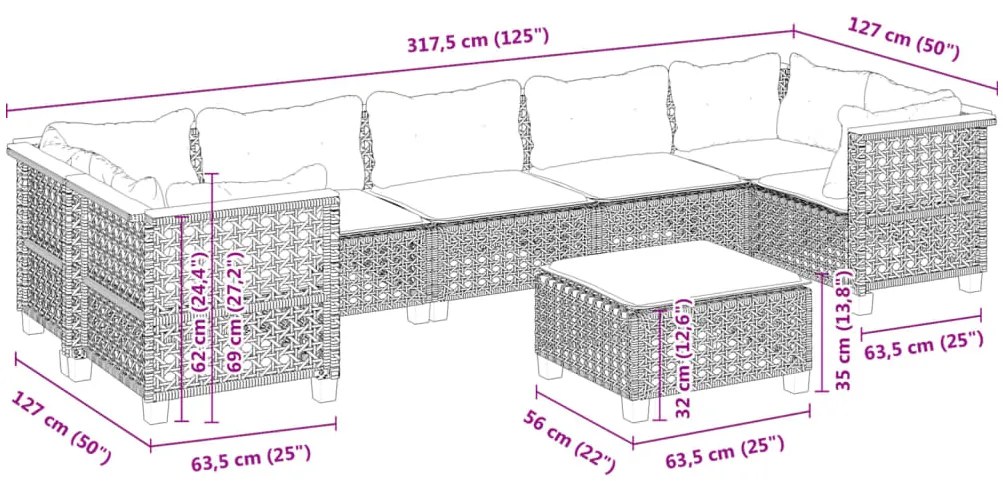8 pcs conjunto sofás de jardim com almofadões vime PE preto