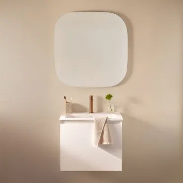 Conjunto De Móvel De Casa De Banho Suspenso Em Madeira Com Lavatório Integrado Macrae Branco & Quadrado Led E Anti-embaciamento 75x75 Cm - Sklum